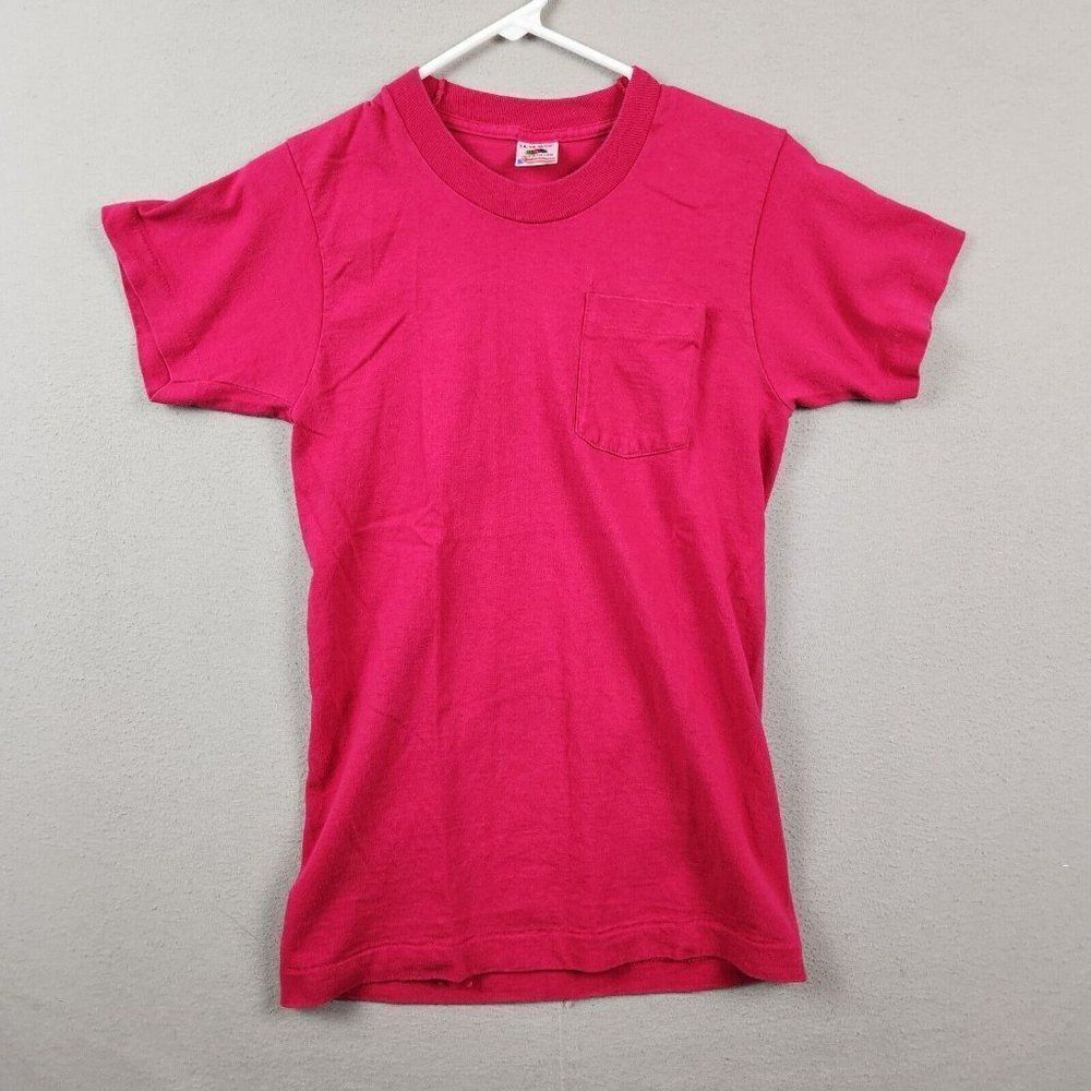 Vintage FOTL Blank Single Stitch Ladies 14-16 Pink Cotton Pocket T Shirt USA